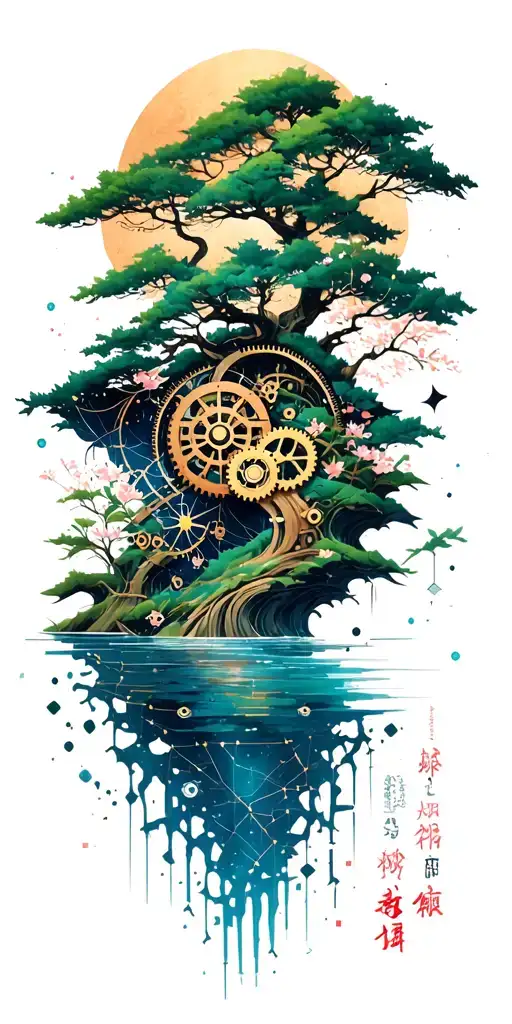 random constellation & layered Japanese landscape of trees,water,bamboo,blossoms,and wood mechanical gears. tattoo design idea