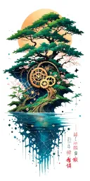 random constellation & layered Japanese landscape of trees,water,bamboo,blossoms,and wood mechanical gears. tattoo design idea