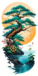 random constellation & layered Japanese landscape of trees,water,bamboo,blossoms,and wood mechanical gears. tattoo design idea