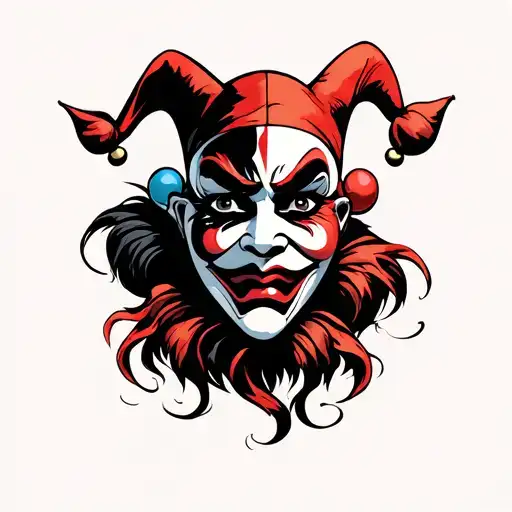 Jester mask with 3 emotion, sad, angry, happy face tattoo design idea