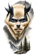 wolverine and woods and mountains tattoo design idea