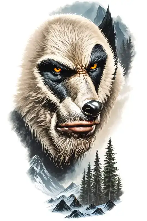wolverine and woods and mountains tattoo design idea