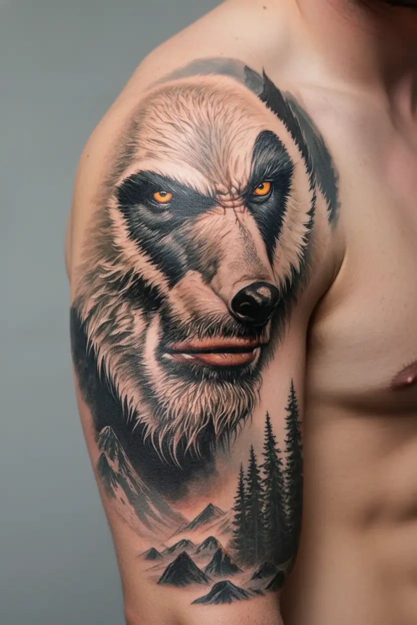 wolverine and woods and mountains tattoo design idea