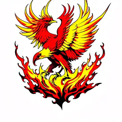 red and yellow phoenix rising from ashes symbolizing overcoming PTSD tattoo design idea