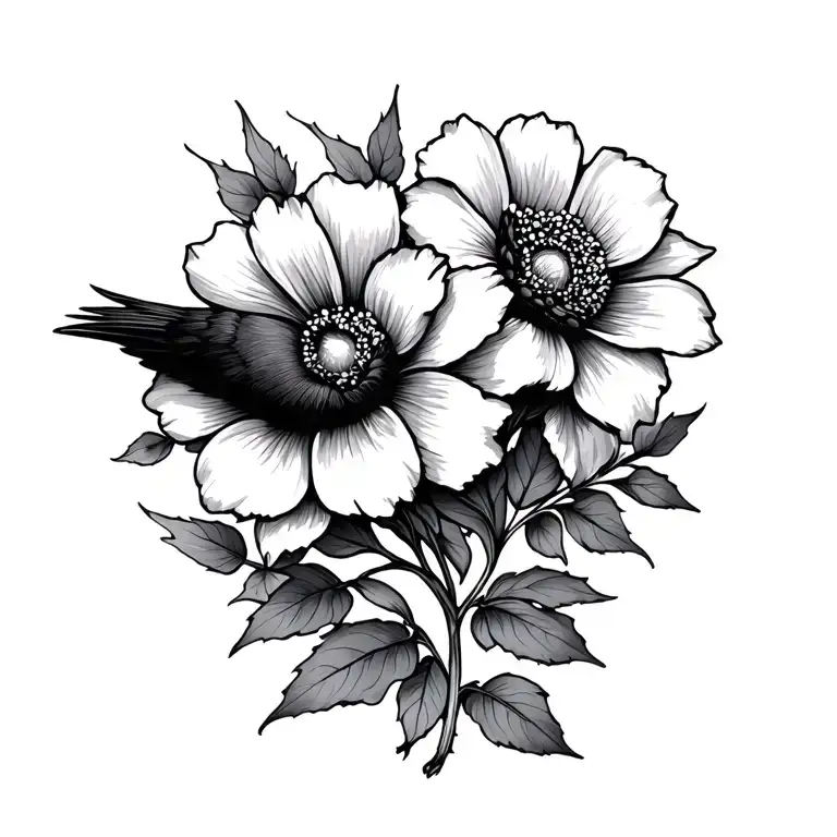 raven dainty flower tattoo design idea