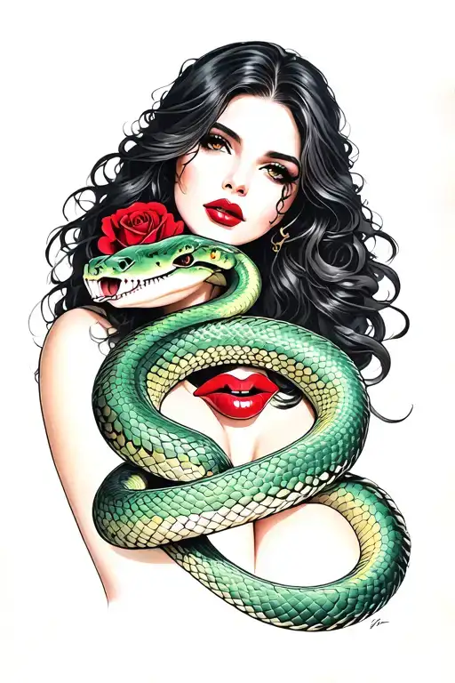 rosses snake  wrapped with beautiful long dark hair woman red lips tattoo design idea