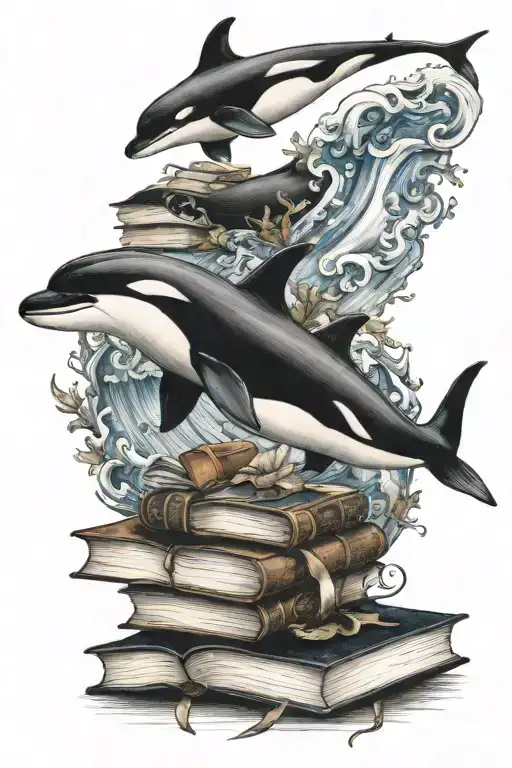orcas and books tattoo design idea