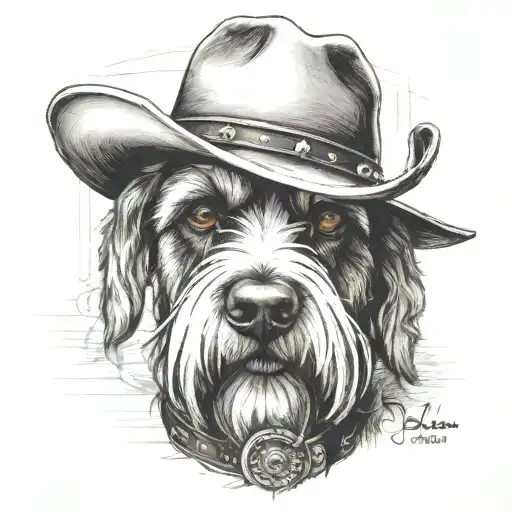 salt and pepper schnauzer with cowboy hat and brown eyes and a collar looking with western pistol tattoo design idea