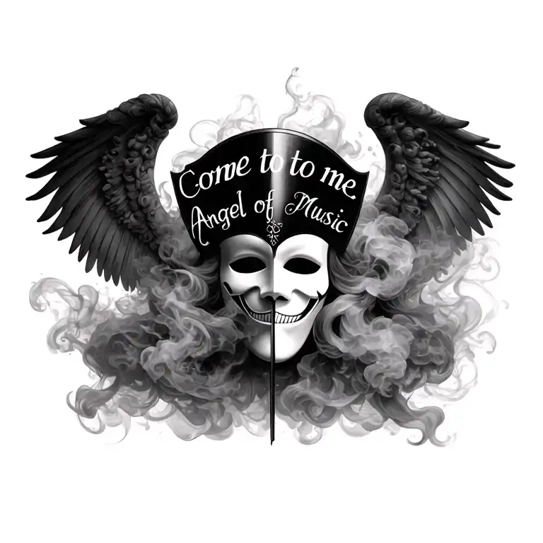 "Come to me angel of music " phantom of the opera mask hidden in smoke and mirrors  tattoo design idea