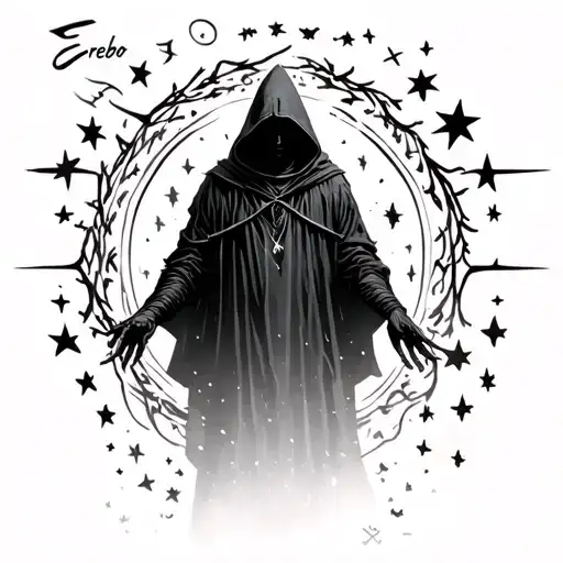 "Erebo" Mysterious Shadow Hooded Figure standing mysteriously With stars around tattoo design idea