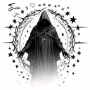 "Erebo" Mysterious Shadow Hooded Figure standing mysteriously With stars around tattoo design idea