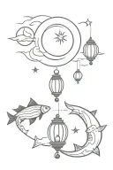 black sun moon fishes and a lantern symbol tattoo design idea