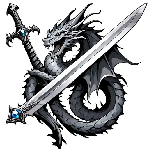 A back tattoo of a dragon wrapped around a sword. The sword is big and has a gem on the handle showing noble needs tattoo design idea