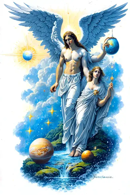 biblical creation story with stars and planets flowing into the garden of eden guarded by an avenging angel  tattoo design idea