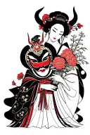 Capricorn Gemini symbol with Oni mask and Geisha holding a bouquet tattoo design idea