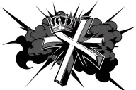 1 cross with crown surrounded by clouds and rays of light straight forward  tattoo design idea
