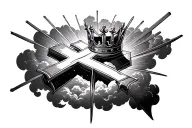 1 cross with crown surrounded by clouds and rays of light straight forward  tattoo design idea