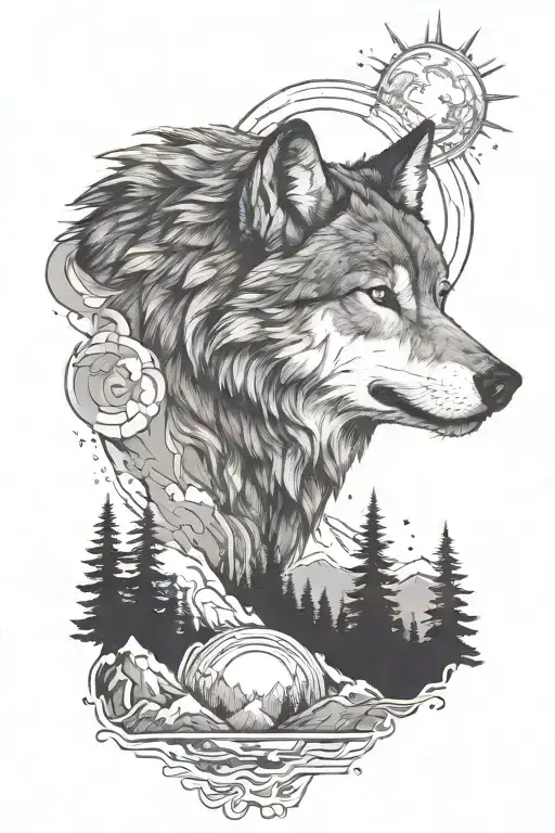 tattoo design of a close up wolf face, mountain, forest, sun, moon, river tattoo design idea