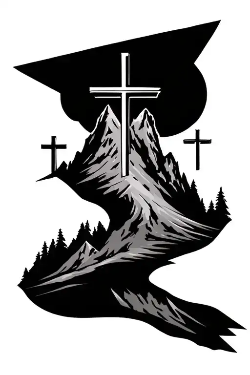 Christian leg sleeve with crosses on mountain peak tattoo design idea