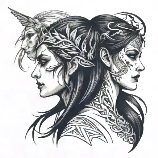 Morrigan right profile, Persephone face on at top, Hela left profile, Lilith face on at bottom tattoo design idea