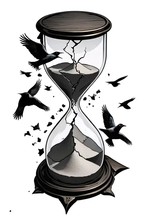 a broken hourglass that has sand inside and crows flying from the broken opening and upwards  tattoo design idea