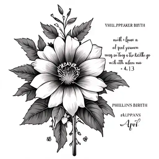 draw me up a tattoo with a cross and april and speaker birth flower with philippians 4:13 on it with leafs tattoo design idea