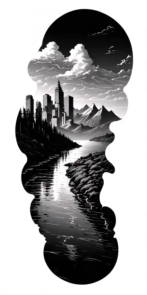 river leading to twin city silhouette with clouds hovering the top and mountains range peaking on top of the clouds tattoo design idea