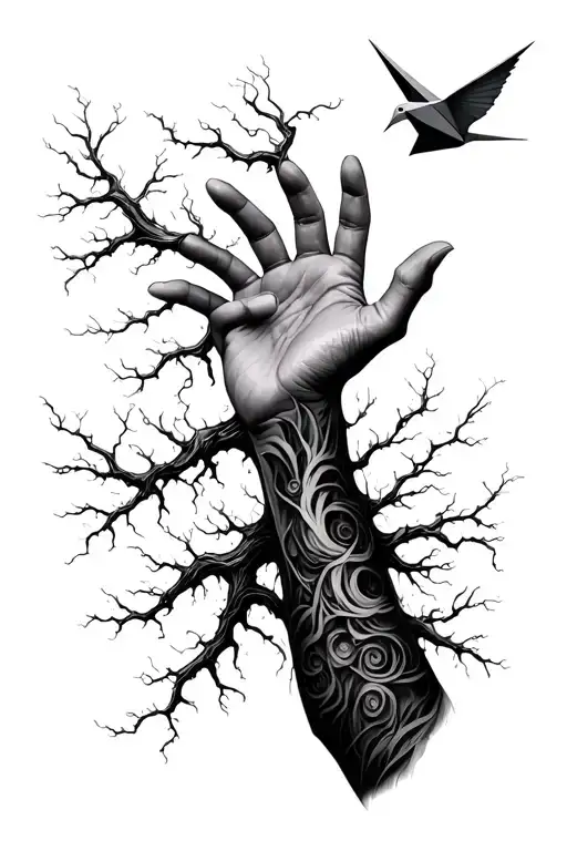 A raised arm made of crazy trees branches, the hand opens to let fly an origami bird tattoo design idea