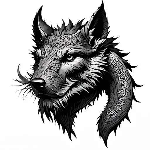 nordic mythology runes 9 realms Odin portrait Yggdrasil Skol Hati Jormungandr Eikthydir nidhogg ratatoskr fenrir tattoo design idea