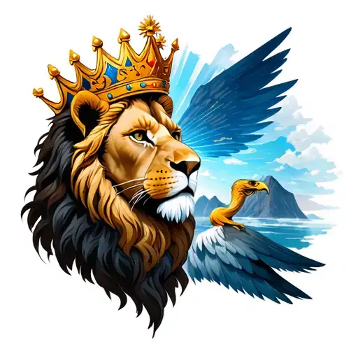king lion with crown, Half Jesus Christ, eagle , mountain, Taurus, rays, river, Gabriel as a tattoo, inspired in spartan tattoo design idea