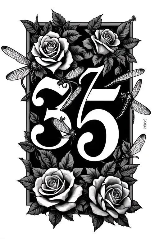 3-6-25 in roman numerals intertwined with roses and some dragonflies  tattoo design idea