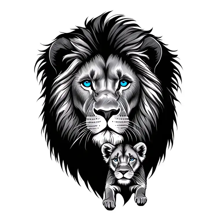 lion adult and cub with blue eyes to represent father and son tattoo design idea