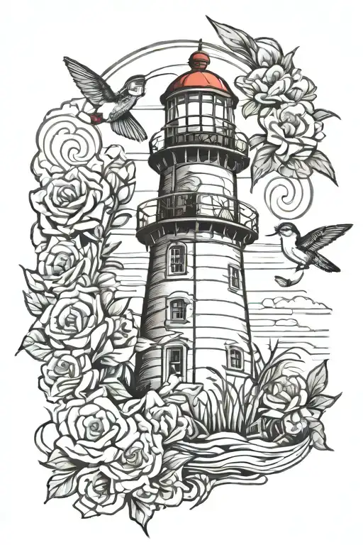 saint augistine light house with house,hummingbirds and flowers tattoo design idea