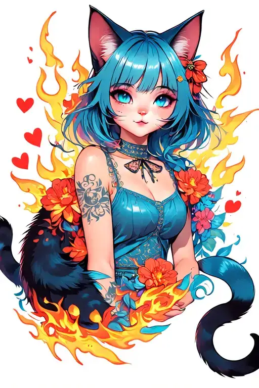 cat girl with flames and flowers and hearts  tattoo design idea