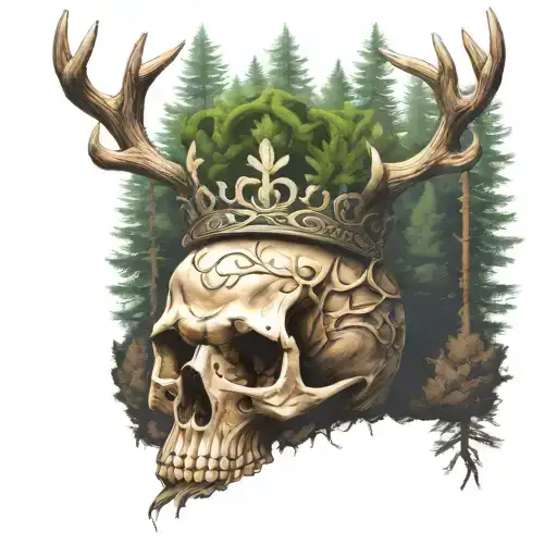  Celtic Skull with beard Buried with pine trees with a crown made from deer antlers tattoo design idea