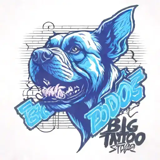 brick wall with graffiti writing "big dog tattoo studio" st bernard tattoo design idea