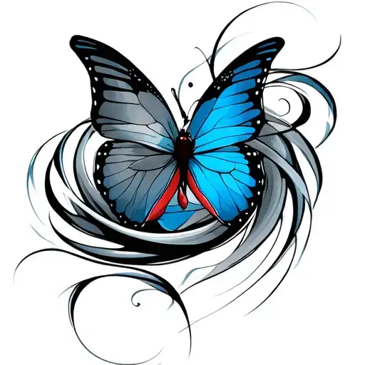 cardinal swirling around blue butterfly  tattoo design idea