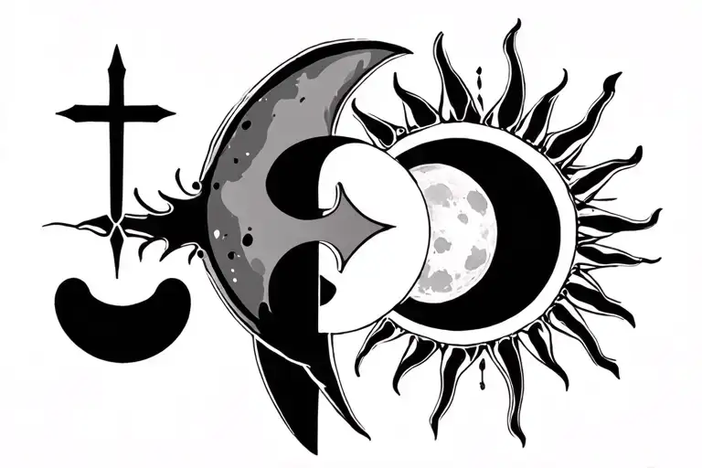 cross, moon, sun and semicolon incorporated tattoo design idea