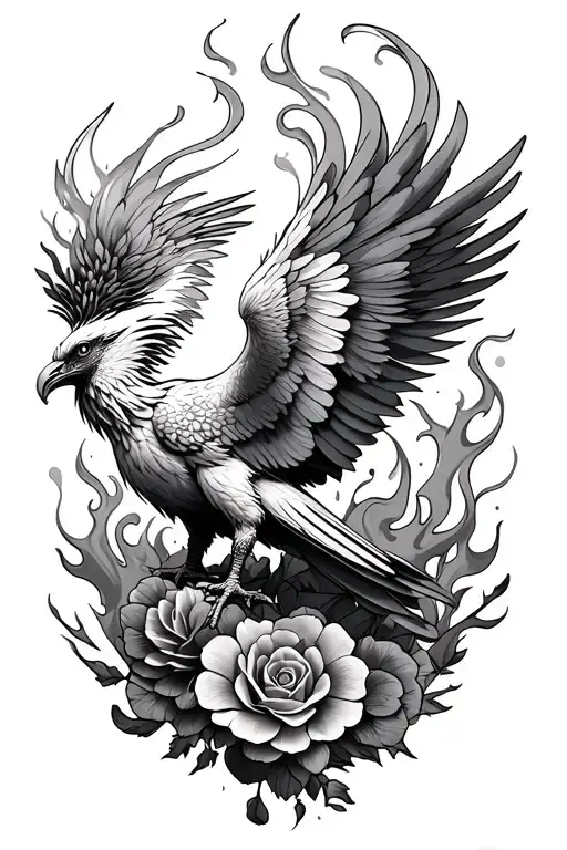 phoenix on thigh with smoke or flames and floral tattoo design idea