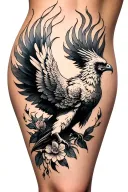 phoenix on thigh with smoke or flames and floral tattoo design idea