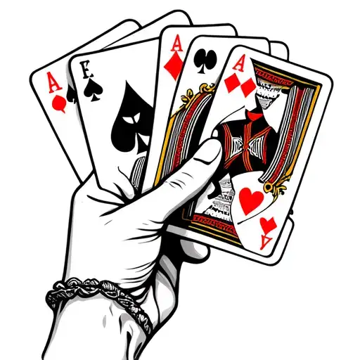 hand holding poker 4 poker cards(jokers) on firts card on the edge write familiy, on secound frienda, third love, fourth tattoo design idea