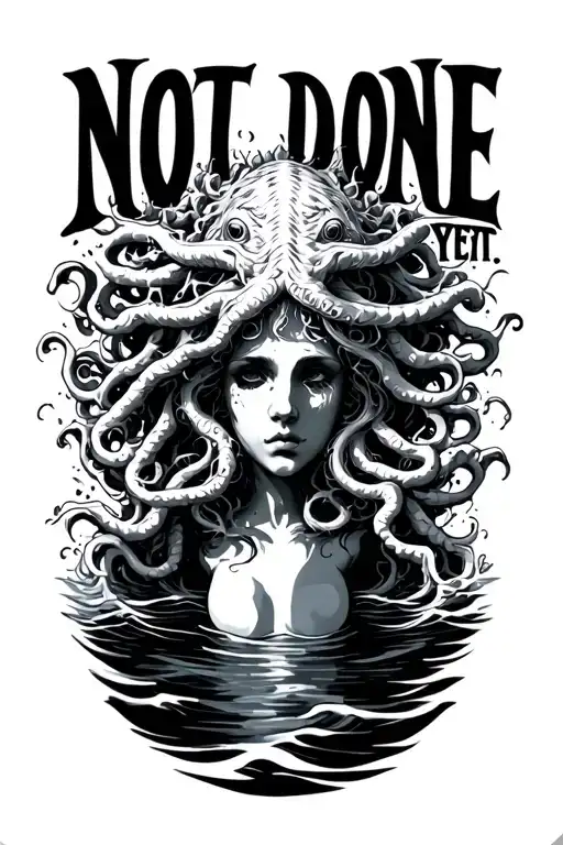 "Not done yet." medusa head calm water waves crashing tattoo design idea