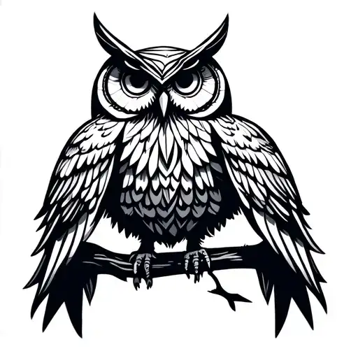 Owl is a symbol of wisdom, insight and spiritual strength. She sits on a branch or straightens his wings, tattoo design idea