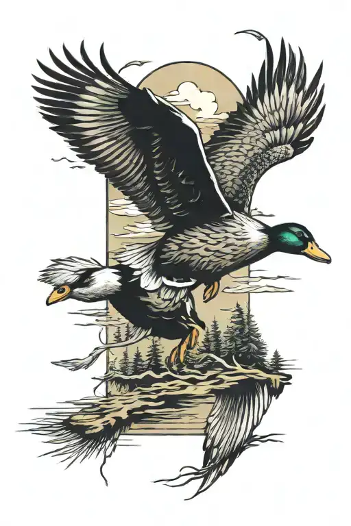 forearm sleeve with marsh grees, ducks flying and pine tree tattoo design idea
