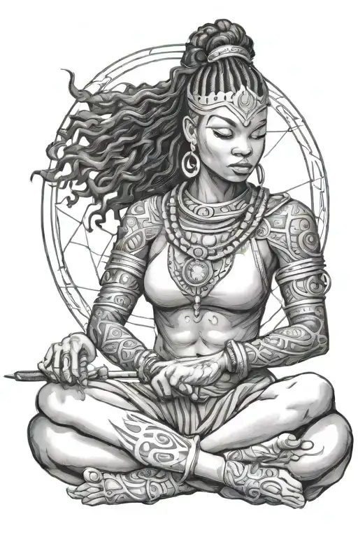 black women warrior meditating tattoo design idea