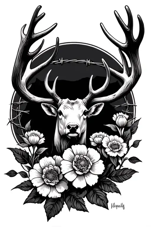 country and flowers with antlers intertwined with barbed wire for a spine tattoo design idea