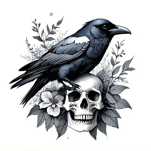memento mori tattoo with raven, skull, botanical illustration tattoo design idea