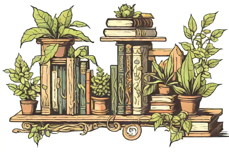 bookshelf with books and plants intertwined tattoo design idea