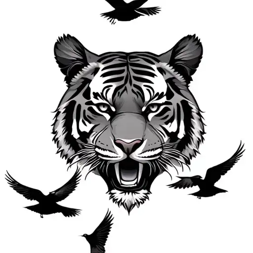 tiger face with birds flying underneath it tattoo design idea