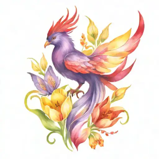 Tattoo of a purple and red phoenix with yellow tulips and butterflies  tattoo design idea